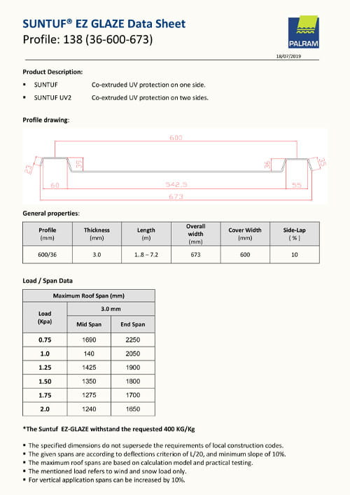 Suntuf EZ Glaze Polycarbonate Roofing Data Sheet
