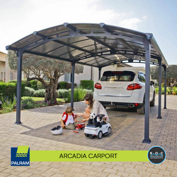 Arcadia Carport Kit with family and car