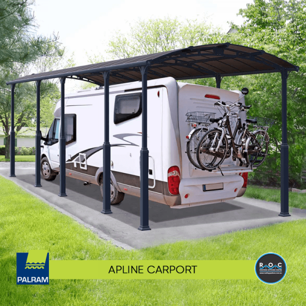 Alpine Carport Kit with white RV car back with bicycle