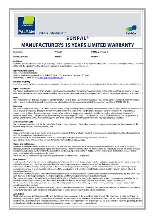 Sunpal Multiwall Polycarbonate Warranty