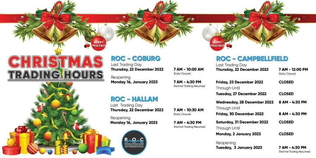 Christmas 2022 ROC Trading Hours on 3 branches